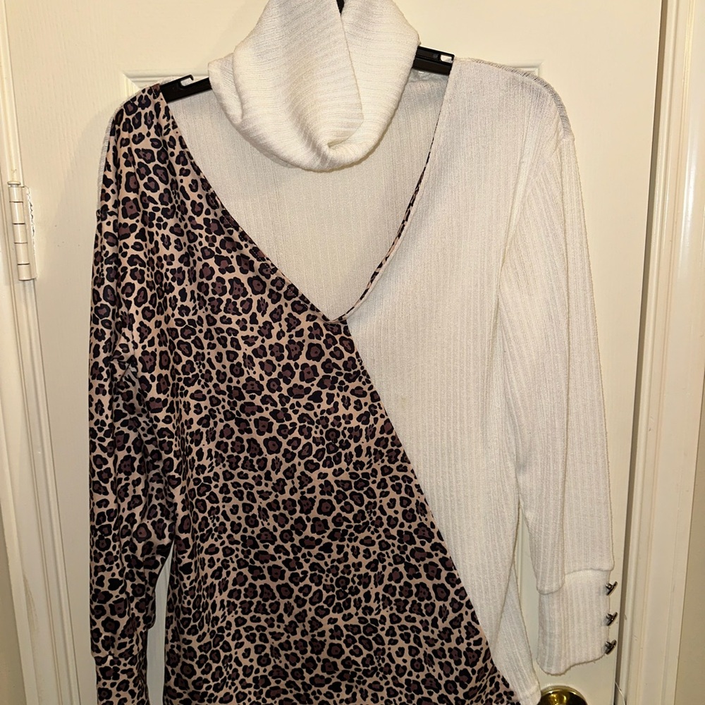 Leopard Print and White Cowl Neck Sweater